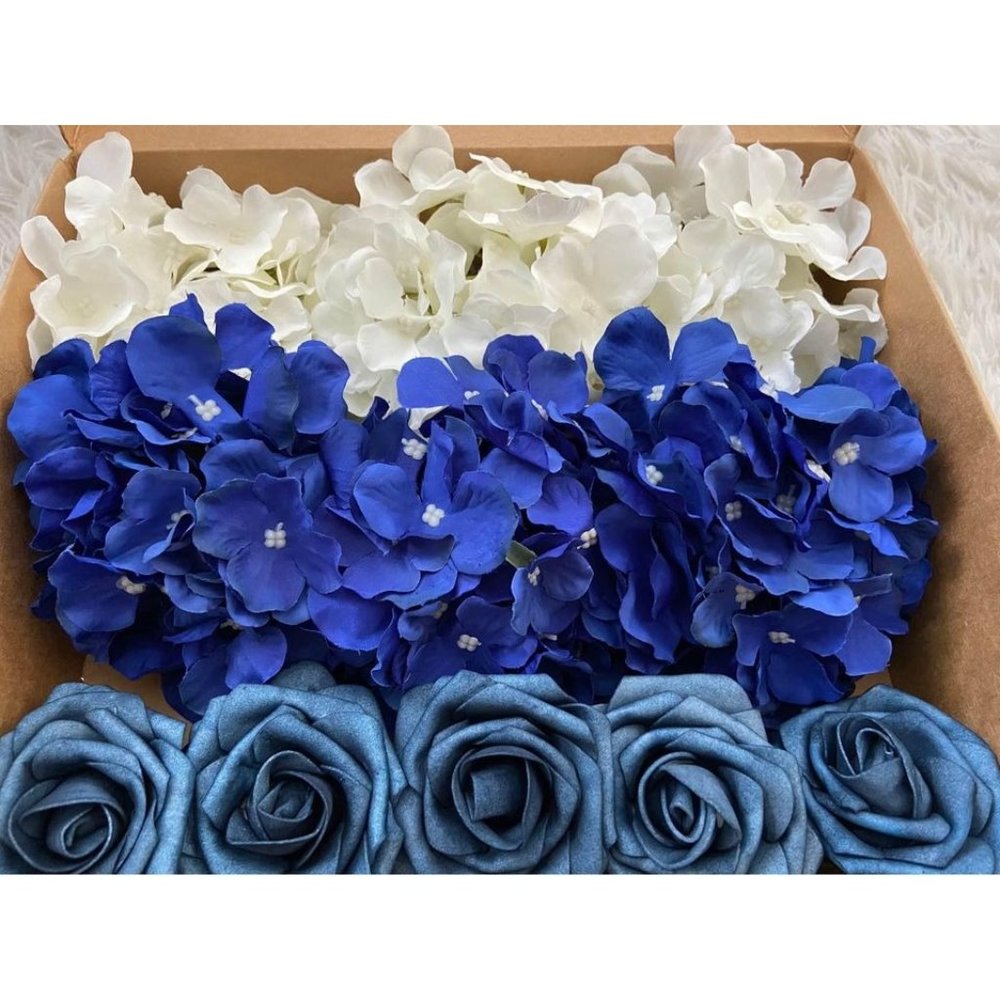 15 count | White Royal & Dusty Blue Hydrangeas Roses Bouquet Wedding Centerpiece